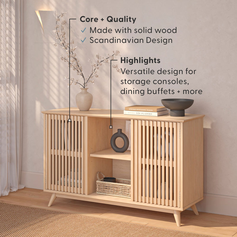 Modern Scandinavian solid wood sideboard featuring versatile storage design for consoles and dining buffets, enhanced by a sleek vase arrangement.