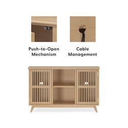 Modern wooden media console with push-to-open mechanism and cable management slots.