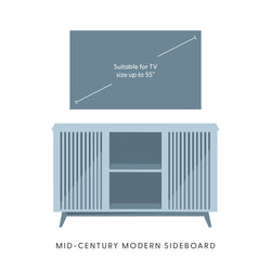 Mid-century modern sideboard suitable for TV size up to 55 inches, featuring lattice design and open shelving.