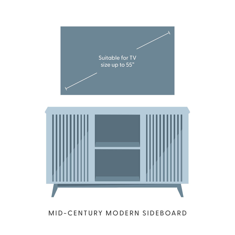 Mid-century modern sideboard suitable for TV size up to 55 inches, featuring lattice design and open shelving.