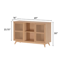 Mid-century modern wooden sideboard with sliding slatted doors, featuring dimensions of 49x16x30 inches.