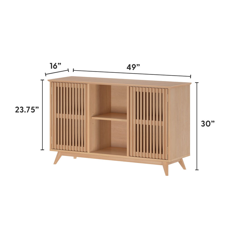 Mid-century modern wooden sideboard with sliding slatted doors, featuring dimensions of 49x16x30 inches.