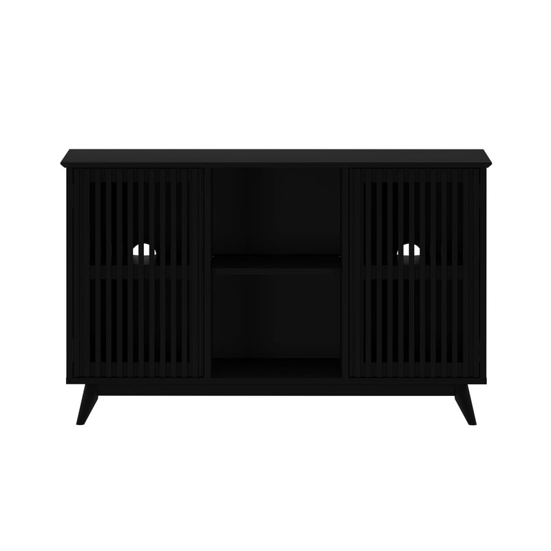 Black mid-century modern wooden TV media console with slatted cabinet doors, open center shelves, and tapered angled legs