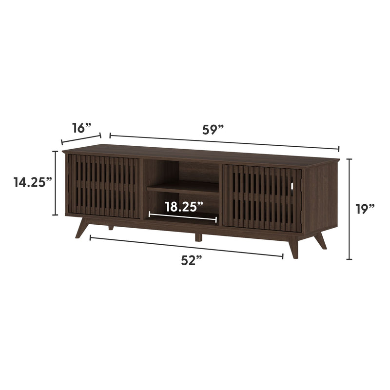 Mid-century modern TV stand with sliding door design, dimensions 59x19x16 inches, dark wood finish.