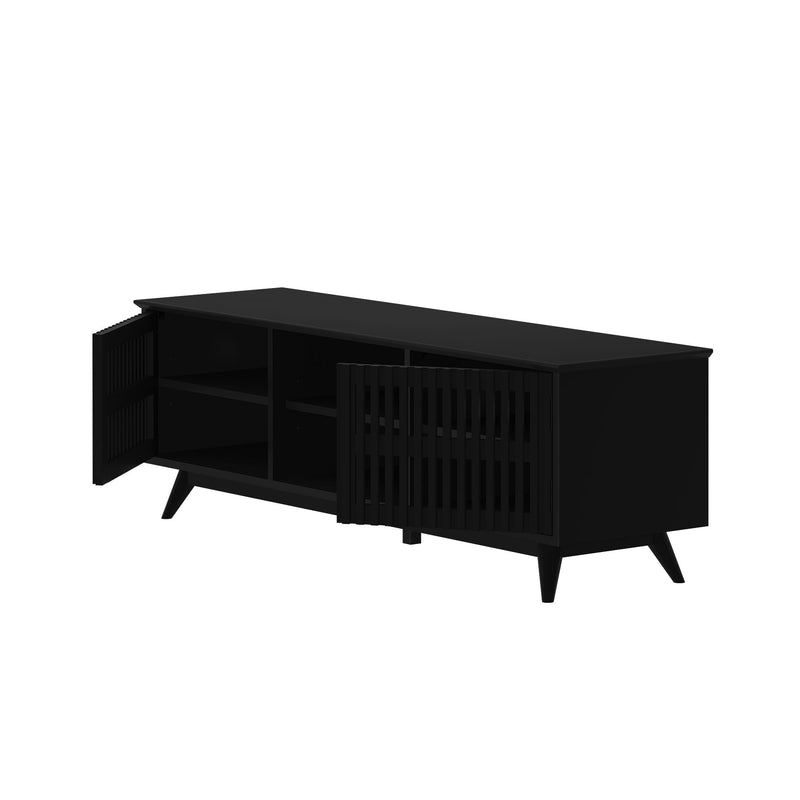 Black modern TV stand with open slatted doors and storage shelves.