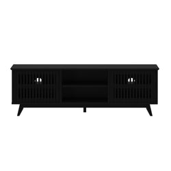 Black wooden TV stand with slatted cabinet doors and modern design.