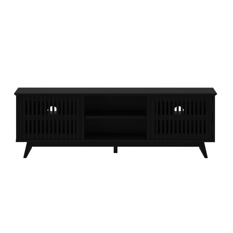 Black wooden TV stand with slatted cabinet doors and modern design.