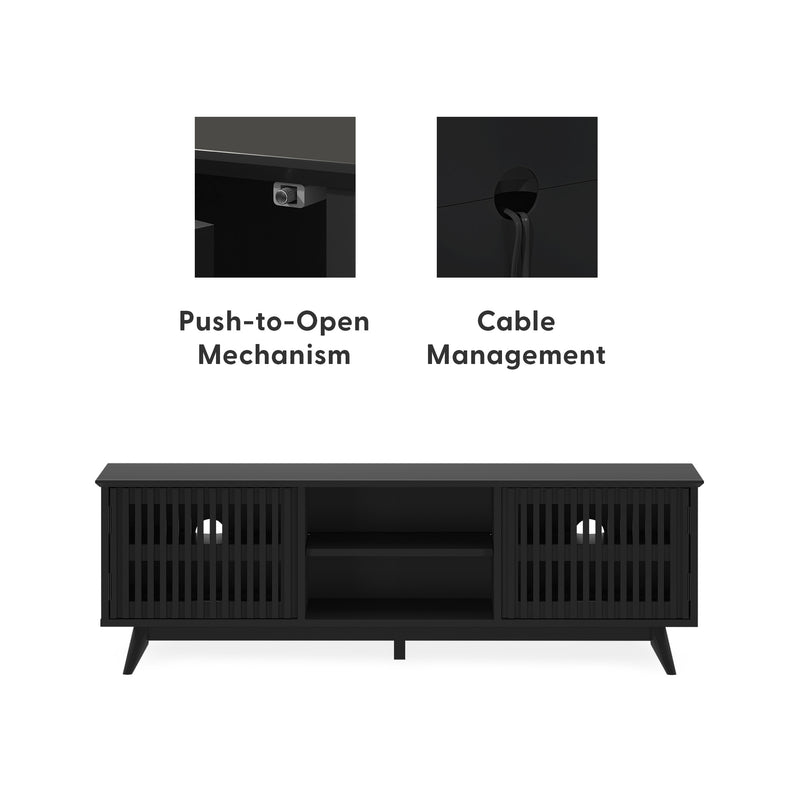 Black TV stand with push-to-open mechanism and cable management features.