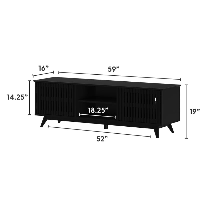 Black mid-century modern TV stand with dimensions: 59x16x19 inches, featuring sliding doors and storage space.