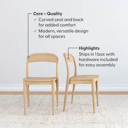 Set of 2 light wood Scandinavian dining chairs with curved seat and back for comfort, mid-century modern design, easy assembly, ships in one box with hardware included