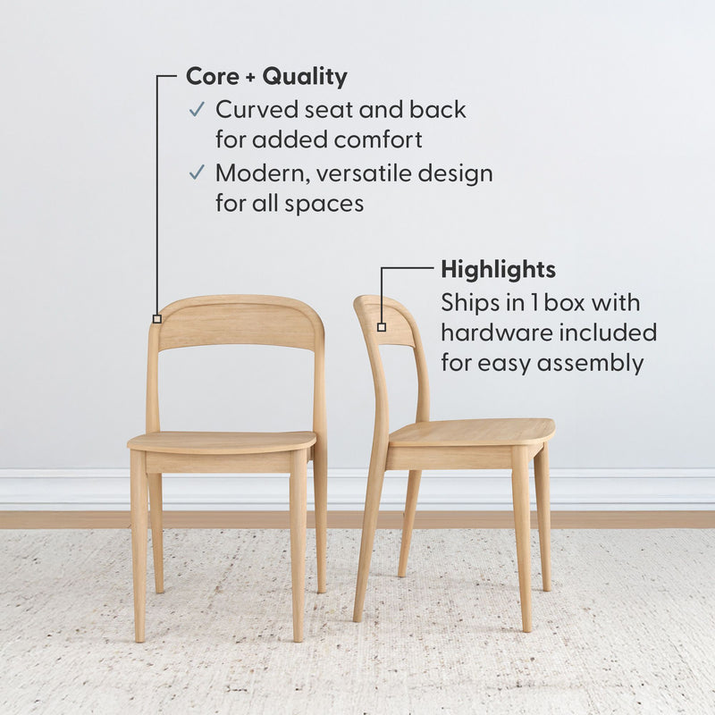 Set of 2 light wood Scandinavian dining chairs with curved seat and back for comfort, mid-century modern design, easy assembly, ships in one box with hardware included