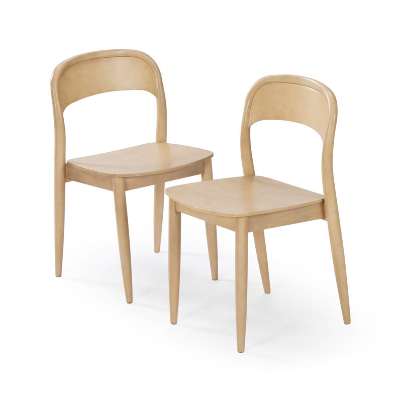 Set of 2 light natural wood armless dining chairs with curved backs and tapered legs, Scandinavian modern style