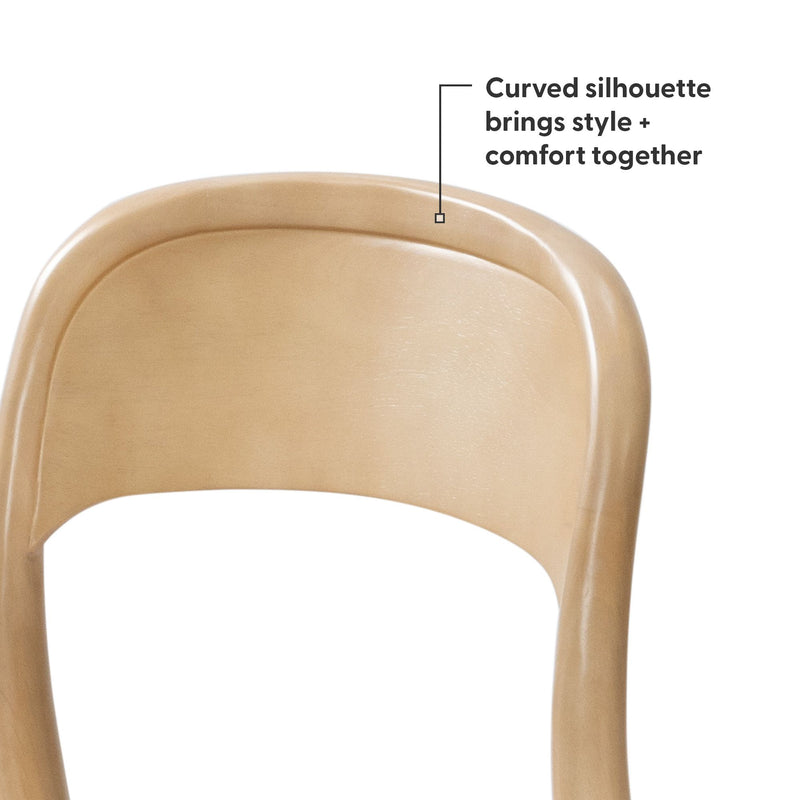 Beige curved bentwood dining chair back with ergonomic silhouette and smooth finish, modern mid-century style