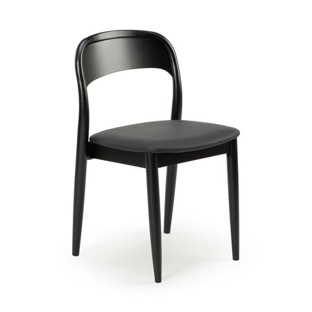 Black bentwood dining chair with curved backrest and padded seat, modern minimalist kitchen chair on white background
