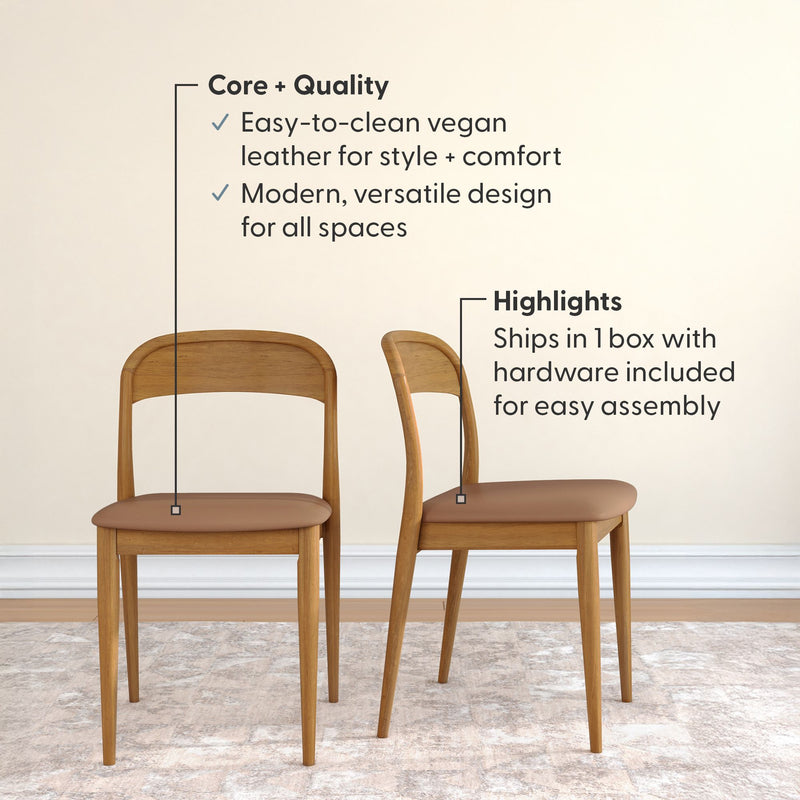 Two mid-century modern wooden dining chairs with tan vegan leather seats, easy-to-clean finish and modern versatile design, ships in one box with hardware included for easy assembly
