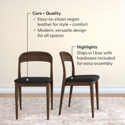 Set of 2 modern dining chairs with walnut wood frame and black easy-to-clean vegan leather seats, versatile contemporary design, ships in one box with hardware included for easy assembly