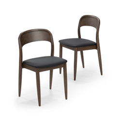 Pair of mid-century modern dining chairs with dark walnut wood frames, black upholstered seats, tapered legs — set of 2 for kitchen or dining room