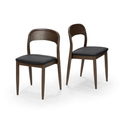 Set of 2 mid-century modern dining chairs with brown wood finish and black upholstered seats, tapered legs and curved backrests