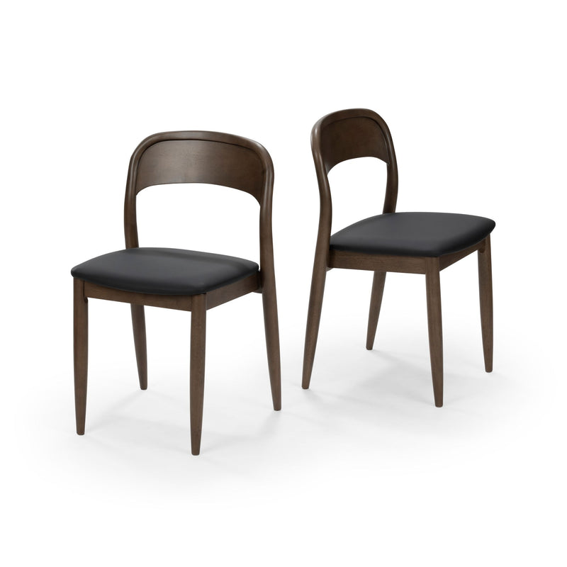 Set of 2 mid-century modern dining chairs with brown wood finish and black upholstered seats, tapered legs and curved backrests