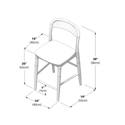 Diagram of a modern wooden bar stool with curved backrest and padded square seat, labeled dimensions: overall height 38″ (96 cm), seat height 26″ (65 cm), seat depth 19″ (50 cm), seat width 16″ (40 cm), footrest height 6″ (16 cm) — bar stool dimensions for kitchen island and counter seating