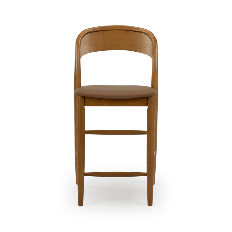 Mid-century modern oak bar stool with curved backrest and brown leather padded seat, counter-height Scandinavian dining chair on white background