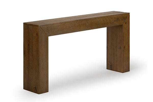 Rustic reclaimed solid wood console table with chunky block legs and plank top in warm brown finish, perfect for modern farmhouse entryways