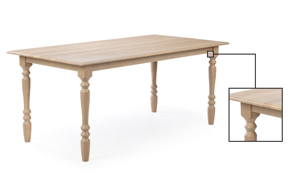 Rectangular light natural wood farmhouse dining table with turned legs and plank top