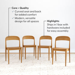 Modern wooden dining chairs with curved seats and backs, showcasing versatile design and easy assembly features.