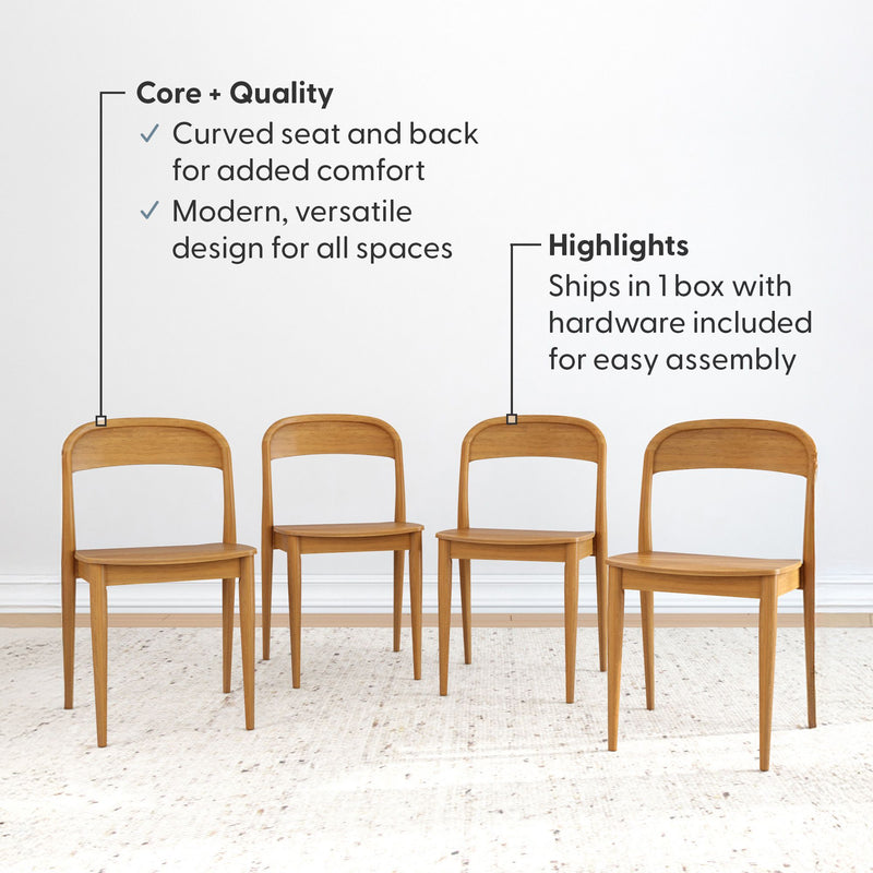 Modern wooden dining chairs with curved seats and backs, showcasing versatile design and easy assembly features.