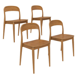 Set of four wooden dining chairs with curved backrests and tapered legs.