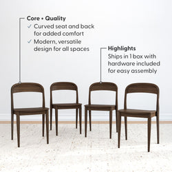 Set of four modern wooden chairs with curved seats and backs, highlighting comfort and easy assembly with included hardware.