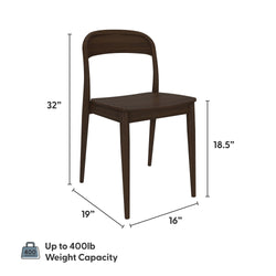 Wooden dining chair with dimensions; 32 inches tall, 19 inches deep, 16 inches wide, and 18.5 inches seat height, 400lb weight capacity.