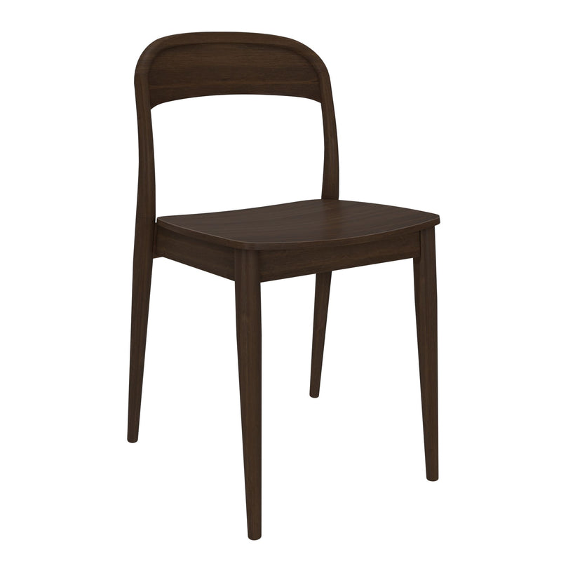 Minimalistic dark wooden dining chair with curved backrest and sleek design.