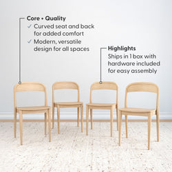 Set of 4 modern light oak wooden dining chairs with curved seat and back for added comfort, ships in one box with hardware included