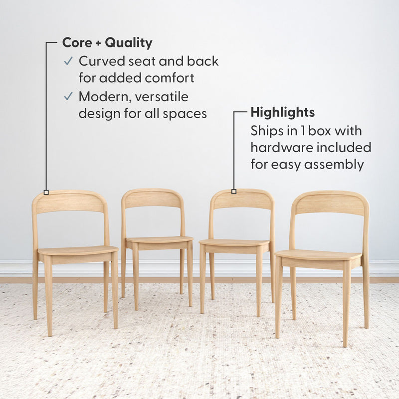 Set of 4 modern light oak wooden dining chairs with curved seat and back for added comfort, ships in one box with hardware included