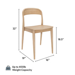 Mid-century modern light oak solid wood dining chair with curved back and tapered legs — 32 in overall height, 18.5 in seat height, 16 in seat width, 19 in depth, supports up to 400 lb
