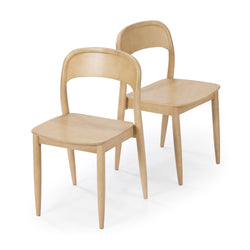 Set of two light wood dining chairs with curved backrests and tapered legs, minimalist mid-century modern Scandinavian style on white background