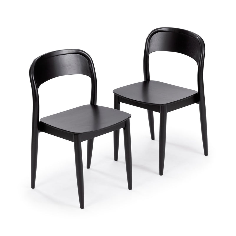 Pair of black wooden dining chairs, modern minimalist armless design with curved backrests and tapered legs — solid wood kitchen or dining room seating on white background