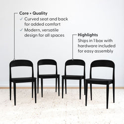 Set of 4 modern black dining chairs with curved seat and back for added comfort, minimalist versatile design, ships in one box with easy assembly