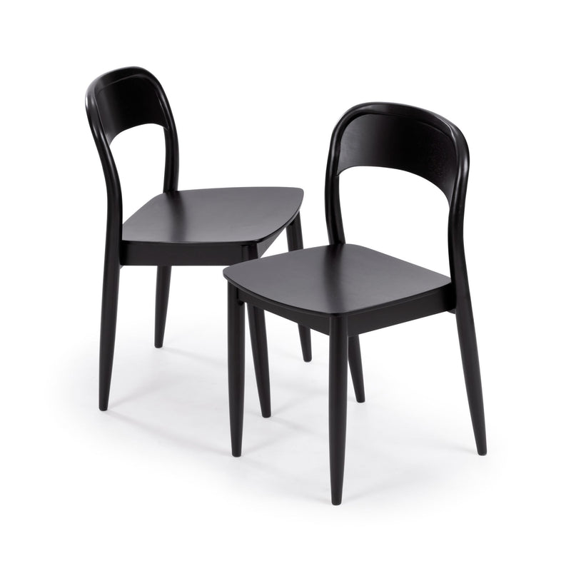 Set of 2 black modern wooden dining chairs with curved backrests and tapered legs, minimalist mid-century style chairs for kitchen or dining room