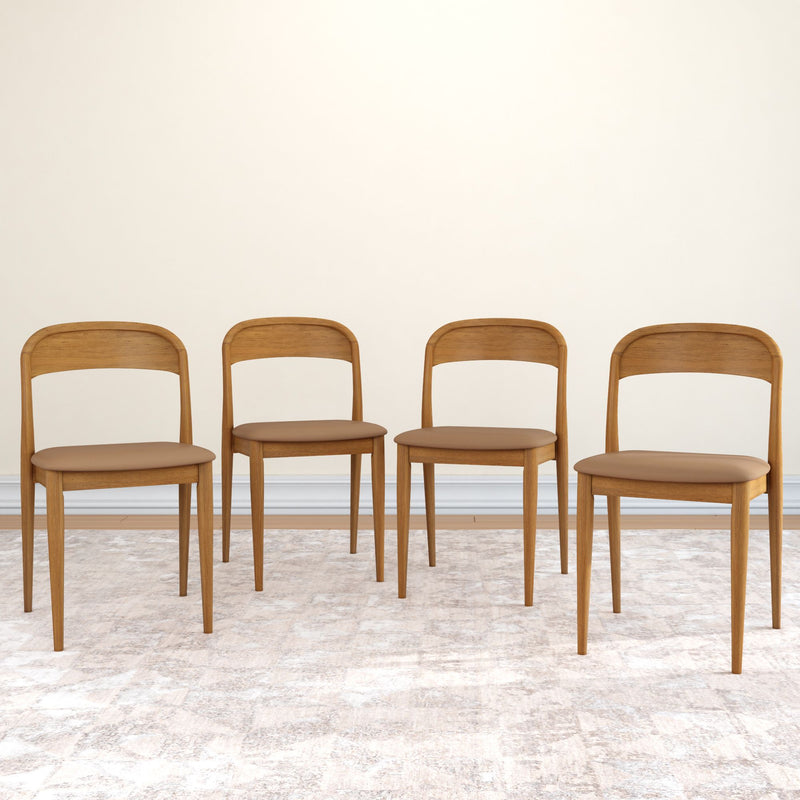 Set of 4 mid-century modern wooden dining chairs with tan upholstered seats on a neutral area rug against a beige wall — minimalist Scandinavian-style seating for dining or kitchen