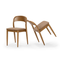Mid-century modern wooden dining chairs set of 2 with tan leather upholstered seats, curved backrests and tapered solid wood legs