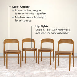 Set of 4 mid-century modern wooden dining chairs with tan vegan leather seats, easy-to-clean upholstery and sleek curved backs, modern versatile design that ships in one box with hardware for simple assembly