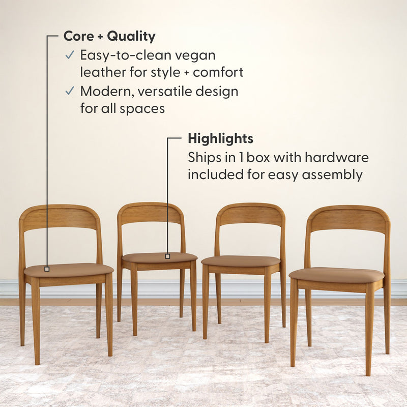 Set of 4 mid-century modern wooden dining chairs with tan vegan leather seats, easy-to-clean upholstery and sleek curved backs, modern versatile design that ships in one box with hardware for simple assembly