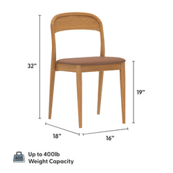 Mid-century modern wooden dining chair with padded brown seat and oak finish, 32 in. overall height, 19 in. seat height, 18 in. depth, 16 in. width, up to 400 lb weight capacity