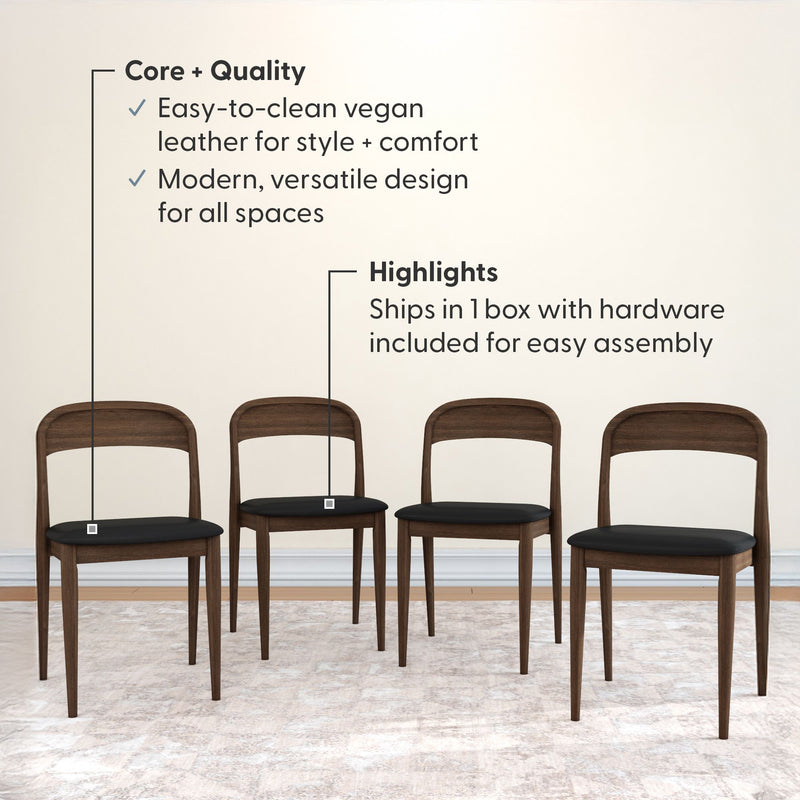 Set of 4 mid-century modern walnut dining chairs with black vegan leather seats, easy-to-clean upholstery, modern versatile design, ships in one box with hardware for simple assembly