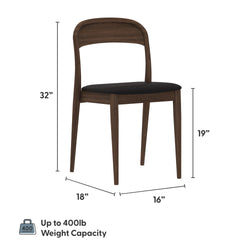 Mid-century modern walnut dining chair with curved wooden back and black upholstered seat, tapered legs — 32 in overall height, 19 in seat height, 18 in depth, 16 in width; supports up to 400 lb