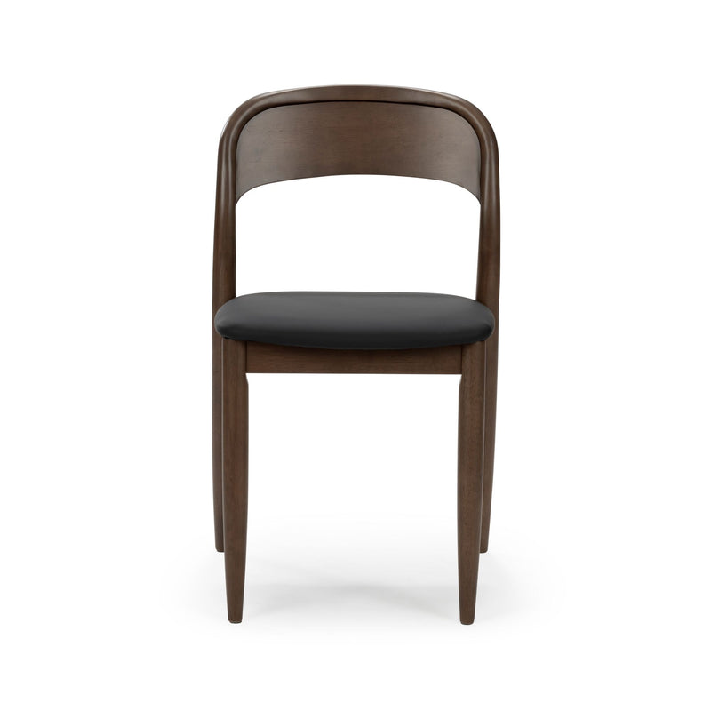 Mid-century modern walnut dining chair with curved arched back and black leather upholstered seat, solid wood frame, front view on white background