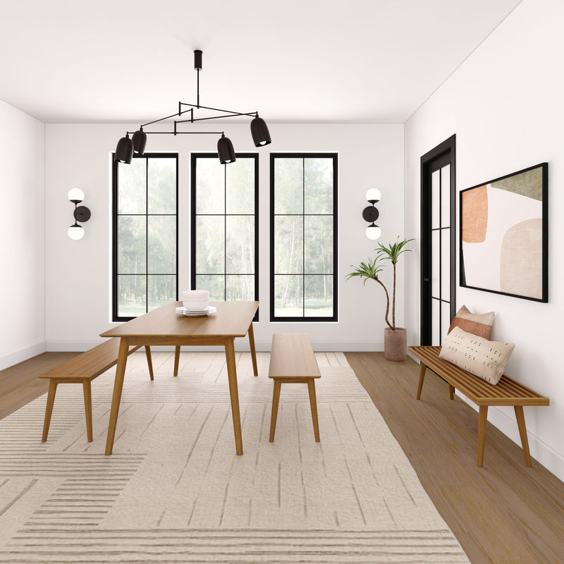 Modern dining room with minimalist wooden furniture, large windows, and contemporary lighting.