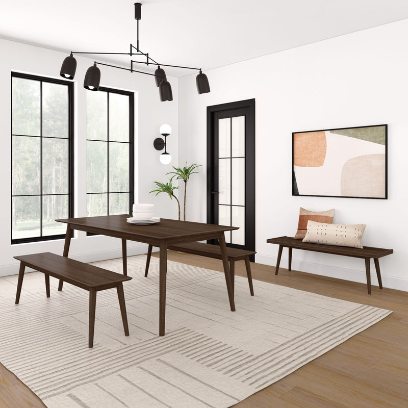Modern dining room with dark wood table and benches, large windows, stylish chandelier, and abstract wall art.